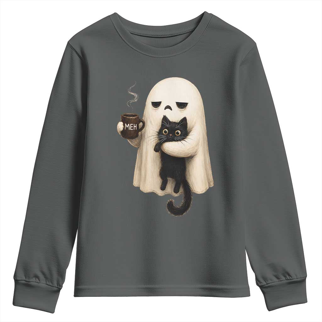 Meh Boojee Sleepy Ghost Holding Black Cat Drinking Coffee Youth Sweatshirt Spooky Halloween Cute Autumn Morning Mood Graphic