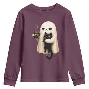 Meh Boojee Sleepy Ghost Holding Black Cat Drinking Coffee Youth Sweatshirt Spooky Halloween Cute Autumn Morning Mood Graphic