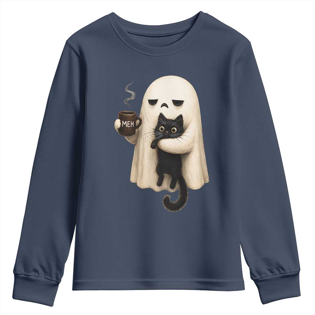 Meh Boojee Sleepy Ghost Holding Black Cat Drinking Coffee Youth Sweatshirt Spooky Halloween Cute Autumn Morning Mood Graphic