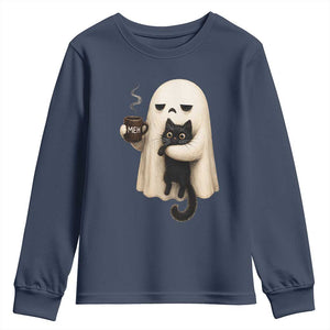 Meh Boojee Sleepy Ghost Holding Black Cat Drinking Coffee Youth Sweatshirt Spooky Halloween Cute Autumn Morning Mood Graphic