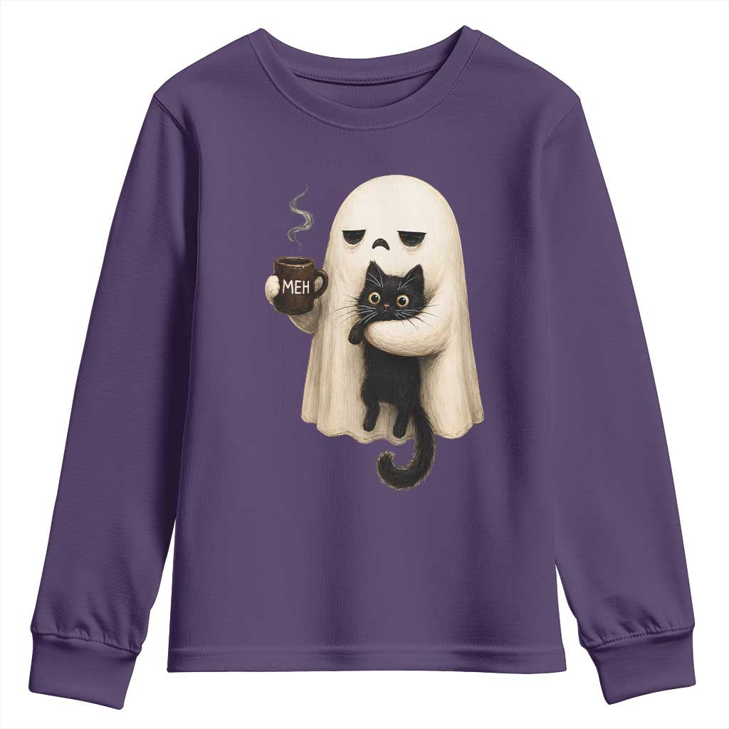 Meh Boojee Sleepy Ghost Holding Black Cat Drinking Coffee Youth Sweatshirt Spooky Halloween Cute Autumn Morning Mood Graphic