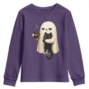 Meh Boojee Sleepy Ghost Holding Black Cat Drinking Coffee Youth Sweatshirt Spooky Halloween Cute Autumn Morning Mood Graphic