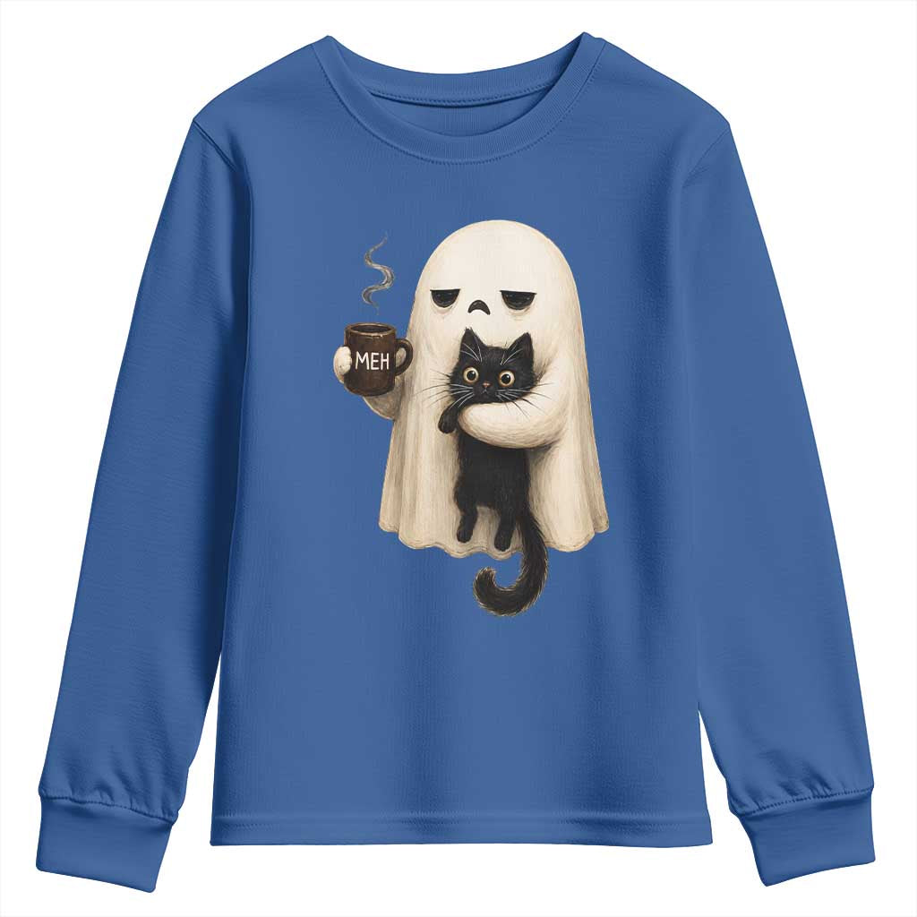 Meh Boojee Sleepy Ghost Holding Black Cat Drinking Coffee Youth Sweatshirt Spooky Halloween Cute Autumn Morning Mood Graphic