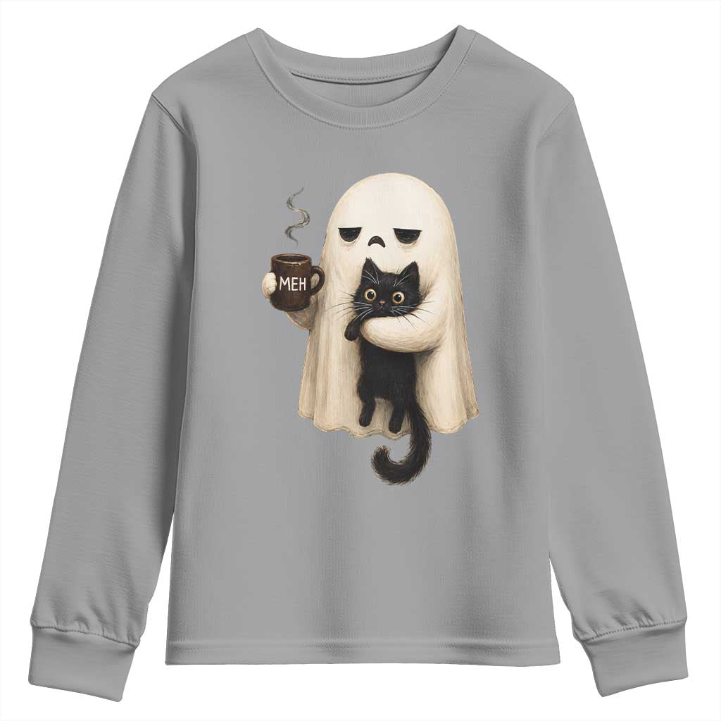 Meh Boojee Sleepy Ghost Holding Black Cat Drinking Coffee Youth Sweatshirt Spooky Halloween Cute Autumn Morning Mood Graphic