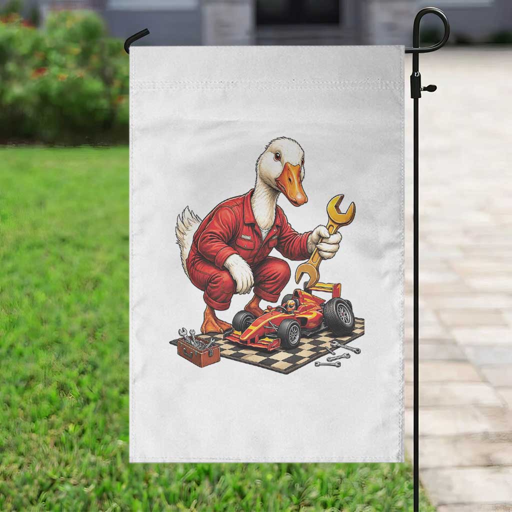 Funny Duck Mechanic Race Car Pit Crew Garden Flag Motorsports Enthusiast Auto Repair