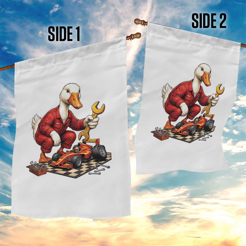 Funny Duck Mechanic Race Car Pit Crew Garden Flag Motorsports Enthusiast Auto Repair
