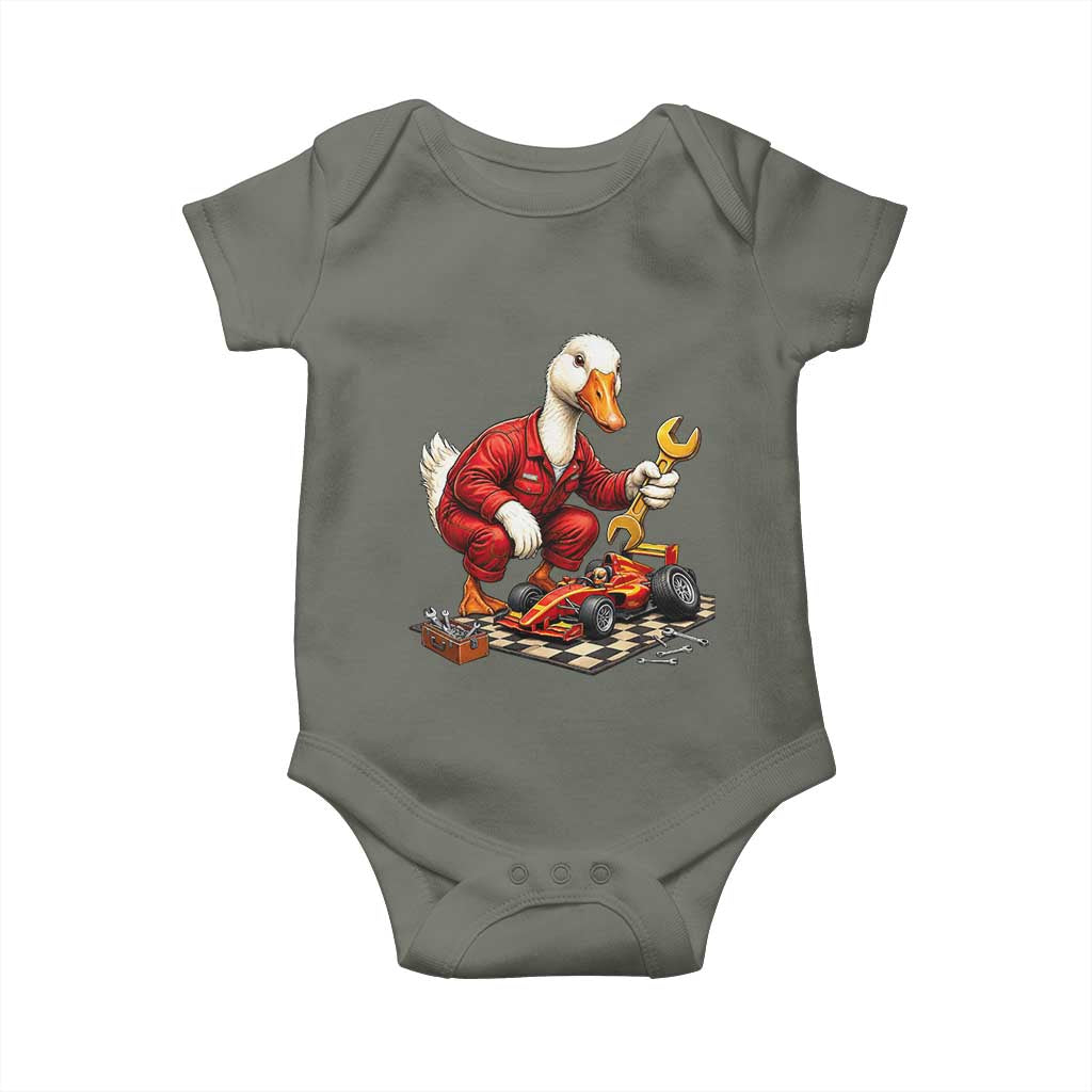 Funny Duck Mechanic Race Car Pit Crew Baby Onesie Motorsports Enthusiast Auto Repair