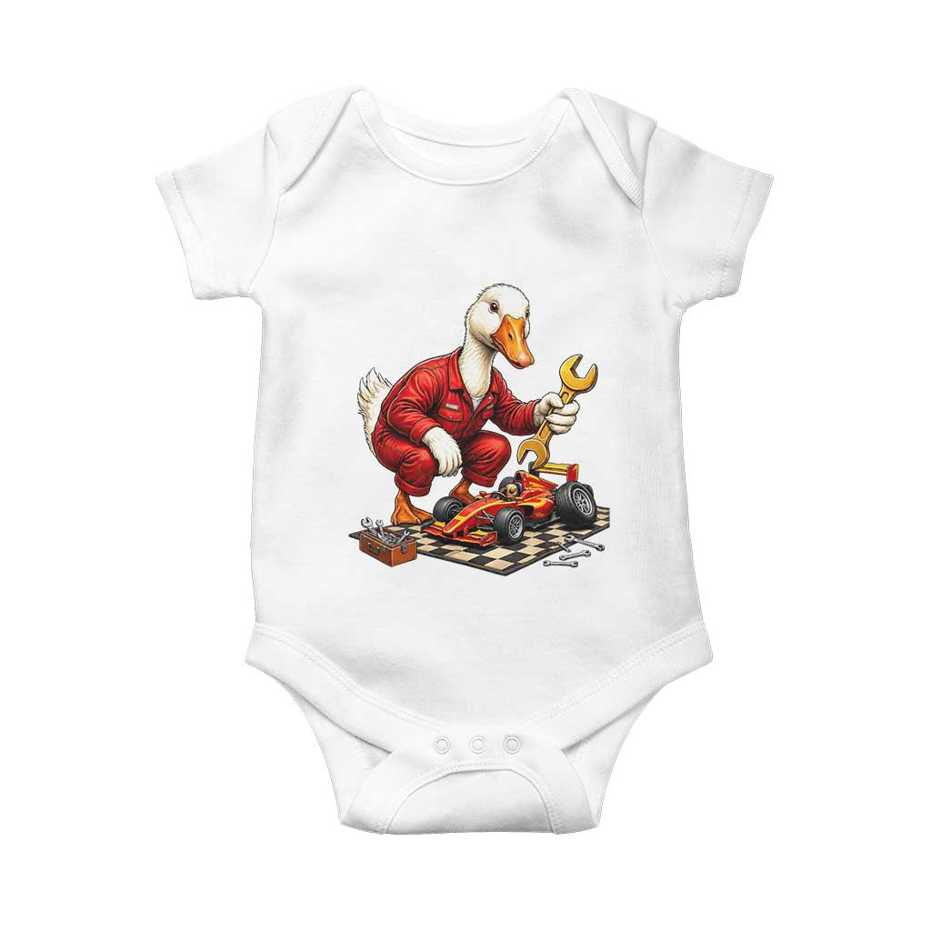 Funny Duck Mechanic Race Car Pit Crew Baby Onesie Motorsports Enthusiast Auto Repair TS02 White Print Your Wear