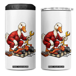 Funny Duck Mechanic Race Car Pit Crew 4 in 1 Can Cooler Tumbler Motorsports Enthusiast Auto Repair