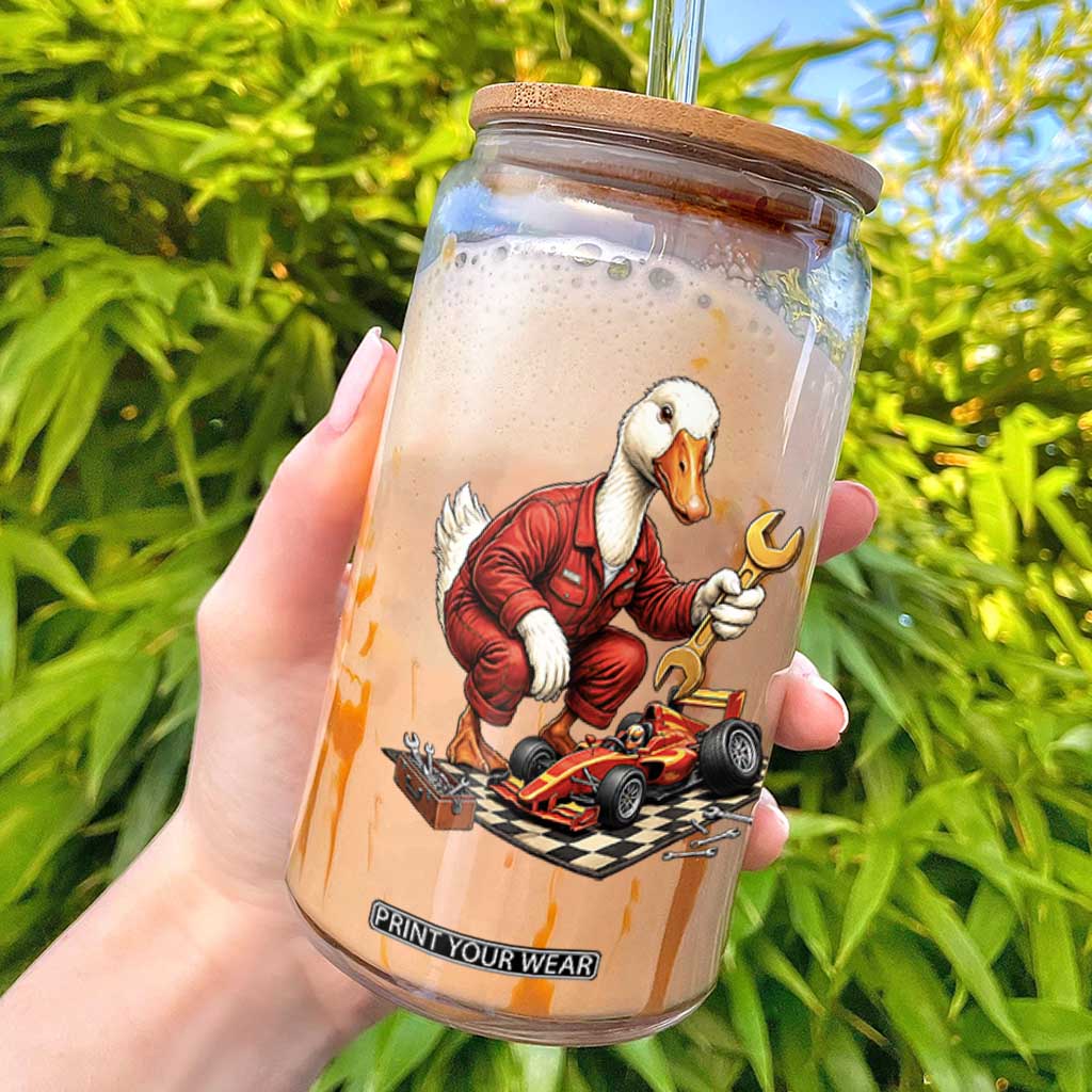 Funny Duck Mechanic Race Car Pit Crew Glass Can Motorsports Enthusiast Auto Repair TS02 White Print Your Wear