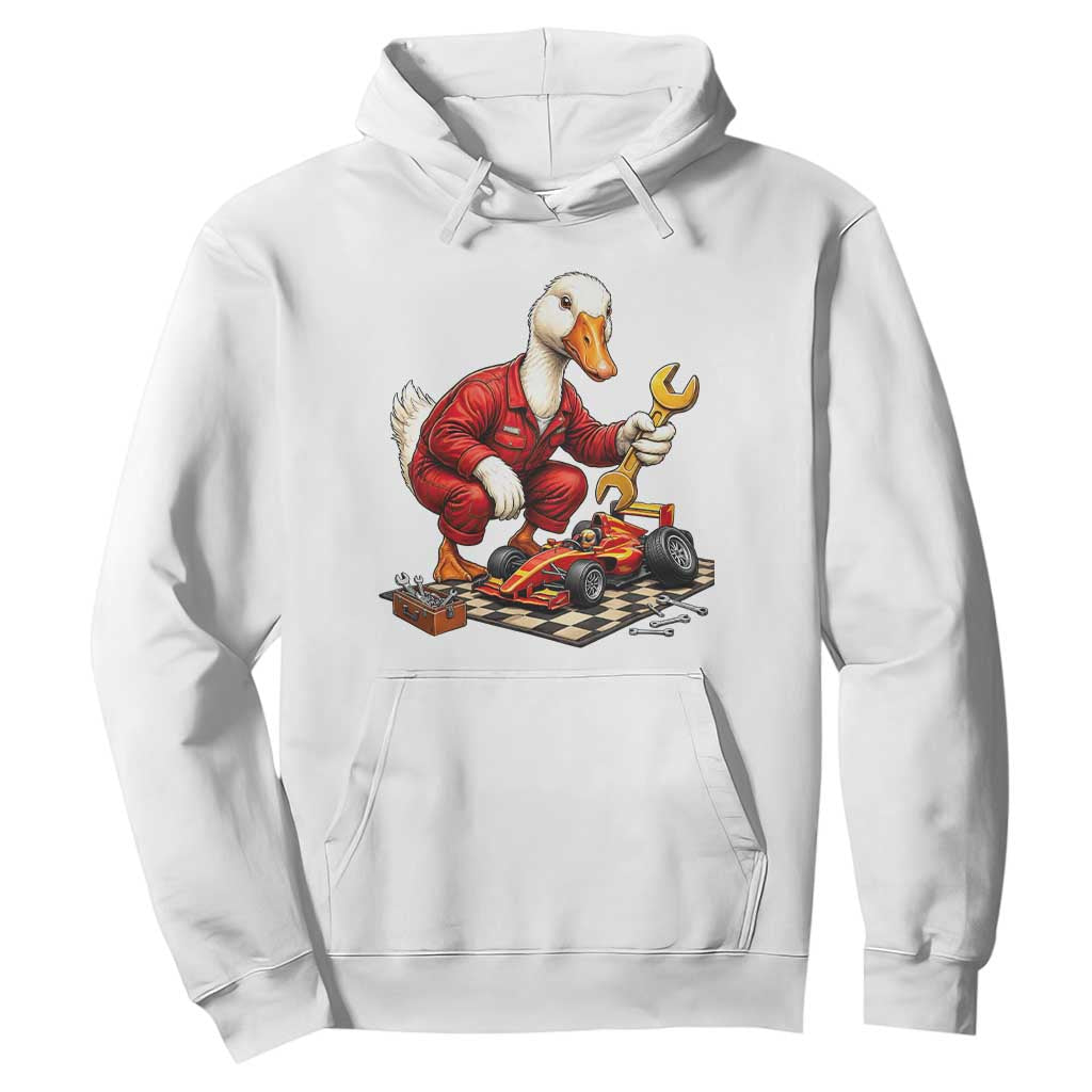 Funny Duck Mechanic Race Car Pit Crew Hoodie Motorsports Enthusiast Auto Repair TS02 White Print Your Wear