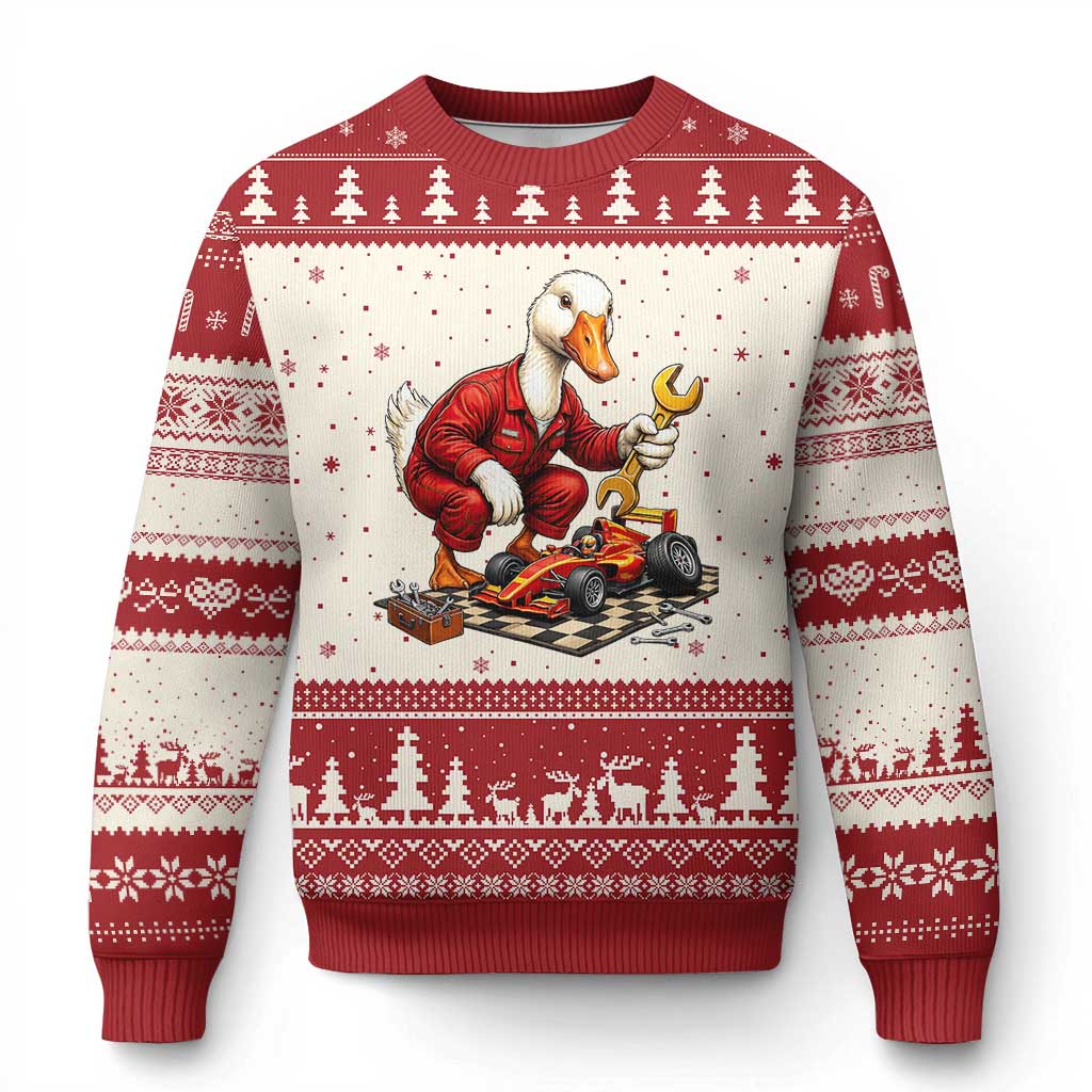 Funny Duck Mechanic Race Car Pit Crew Ugly Christmas Sweater Motorsports Enthusiast Auto Repair TS02 Beige Red Print Your Wear
