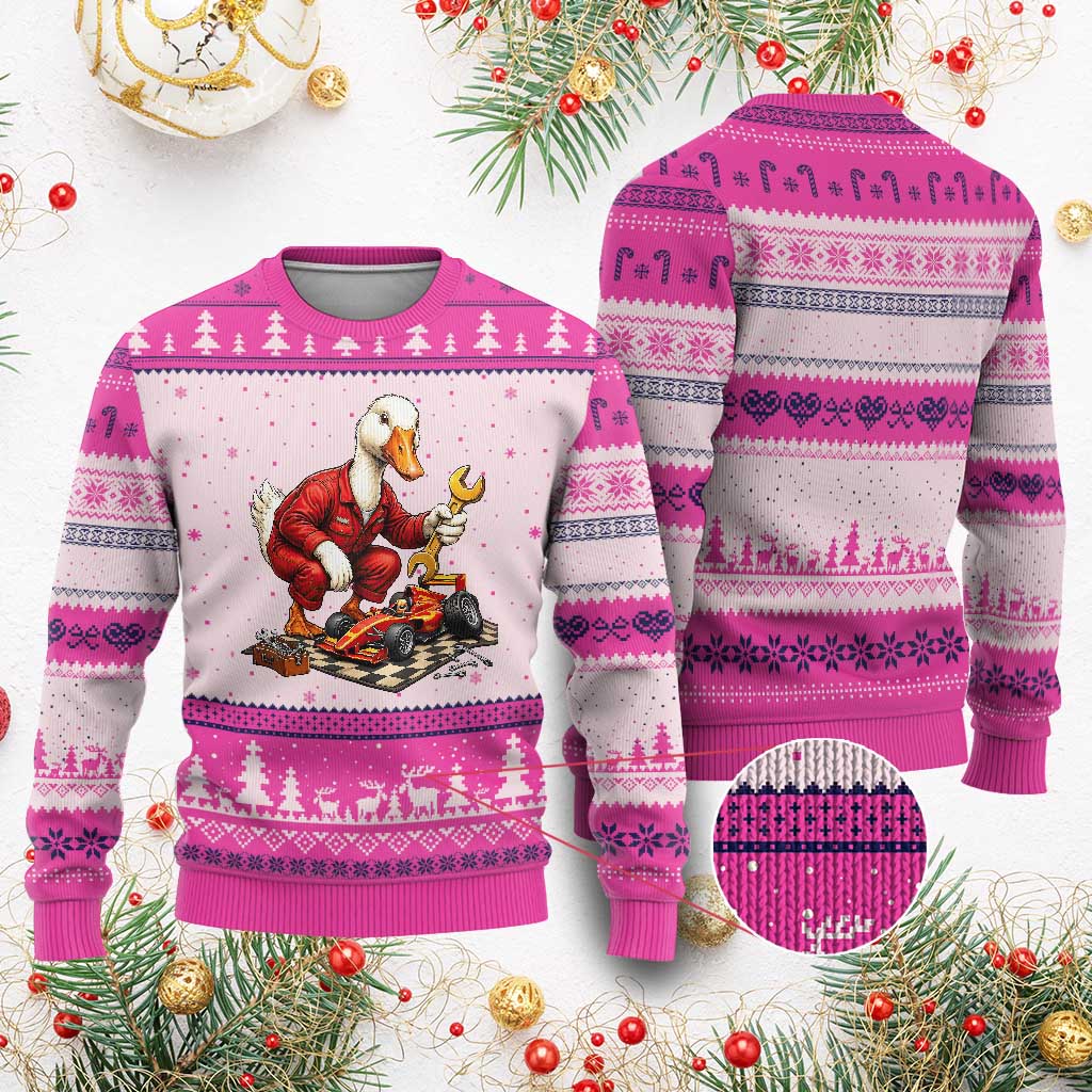 Funny Duck Mechanic Race Car Pit Crew Ugly Christmas Sweater Motorsports Enthusiast Auto Repair