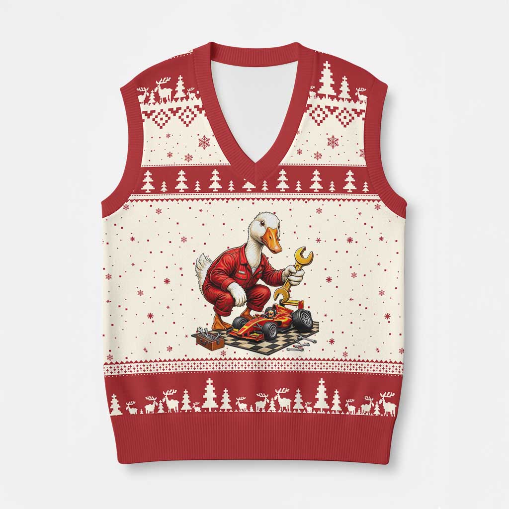 Funny Duck Mechanic Race Car Pit Crew V-Neck Knit Sweater Vest Motorsports Enthusiast Auto Repair TS02 Beige Red Print Your Wear