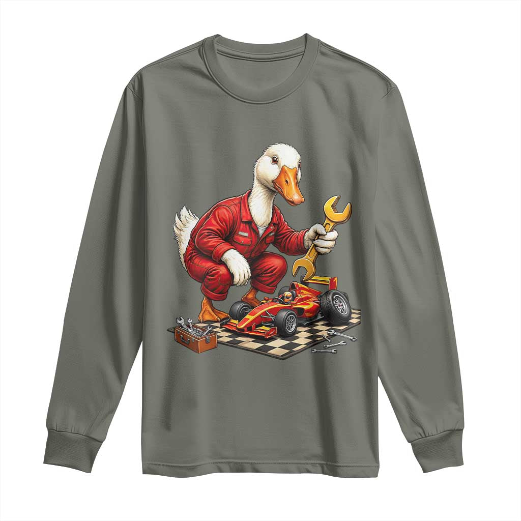 Funny Duck Mechanic Race Car Pit Crew Long Sleeve Shirt Motorsports Enthusiast Auto Repair