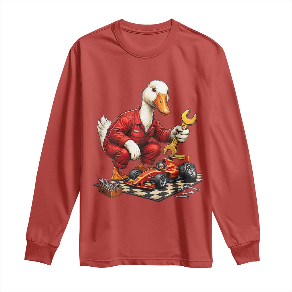 Funny Duck Mechanic Race Car Pit Crew Long Sleeve Shirt Motorsports Enthusiast Auto Repair