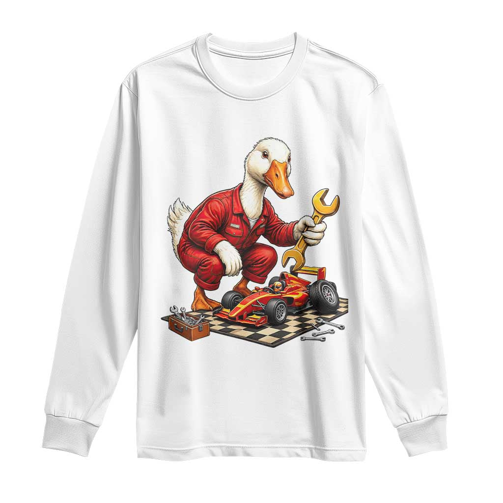 Funny Duck Mechanic Race Car Pit Crew Long Sleeve Shirt Motorsports Enthusiast Auto Repair TS02 White Print Your Wear