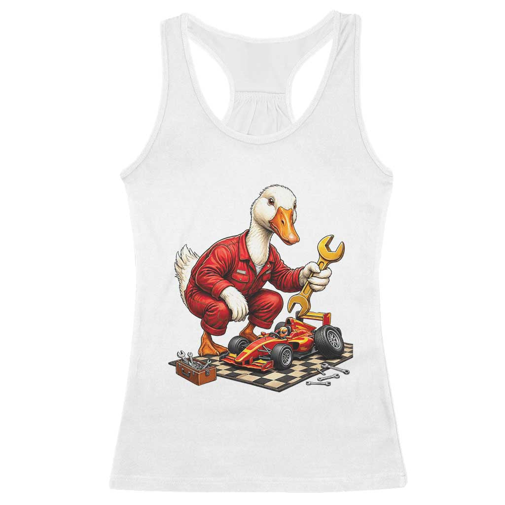 Funny Duck Mechanic Race Car Pit Crew Racerback Tank Top Motorsports Enthusiast Auto Repair TS02 White Print Your Wear