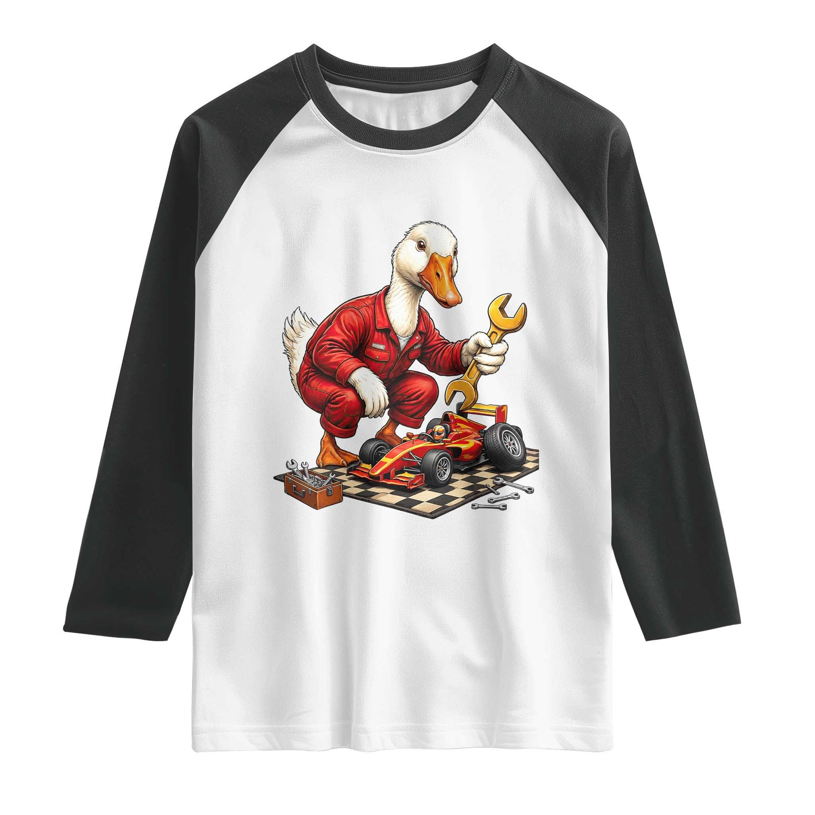 Funny Duck Mechanic Race Car Pit Crew Raglan Shirt Motorsports Enthusiast Auto Repair TS02 White Black Print Your Wear
