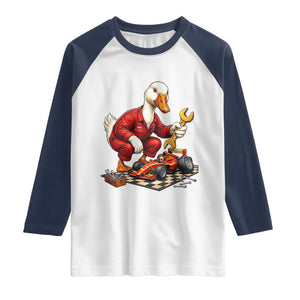 Funny Duck Mechanic Race Car Pit Crew Raglan Shirt Motorsports Enthusiast Auto Repair