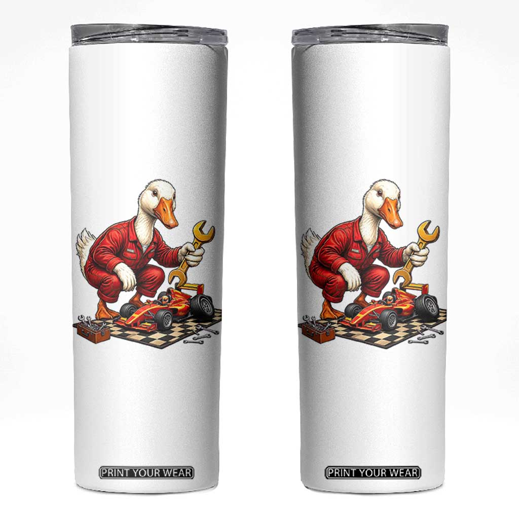 Funny Duck Mechanic Race Car Pit Crew Skinny Tumbler Motorsports Enthusiast Auto Repair TS02 White Print Your Wear