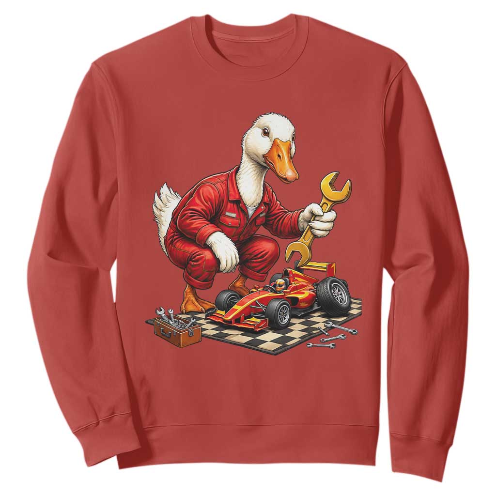 Funny Duck Mechanic Race Car Pit Crew Sweatshirt Motorsports Enthusiast Auto Repair