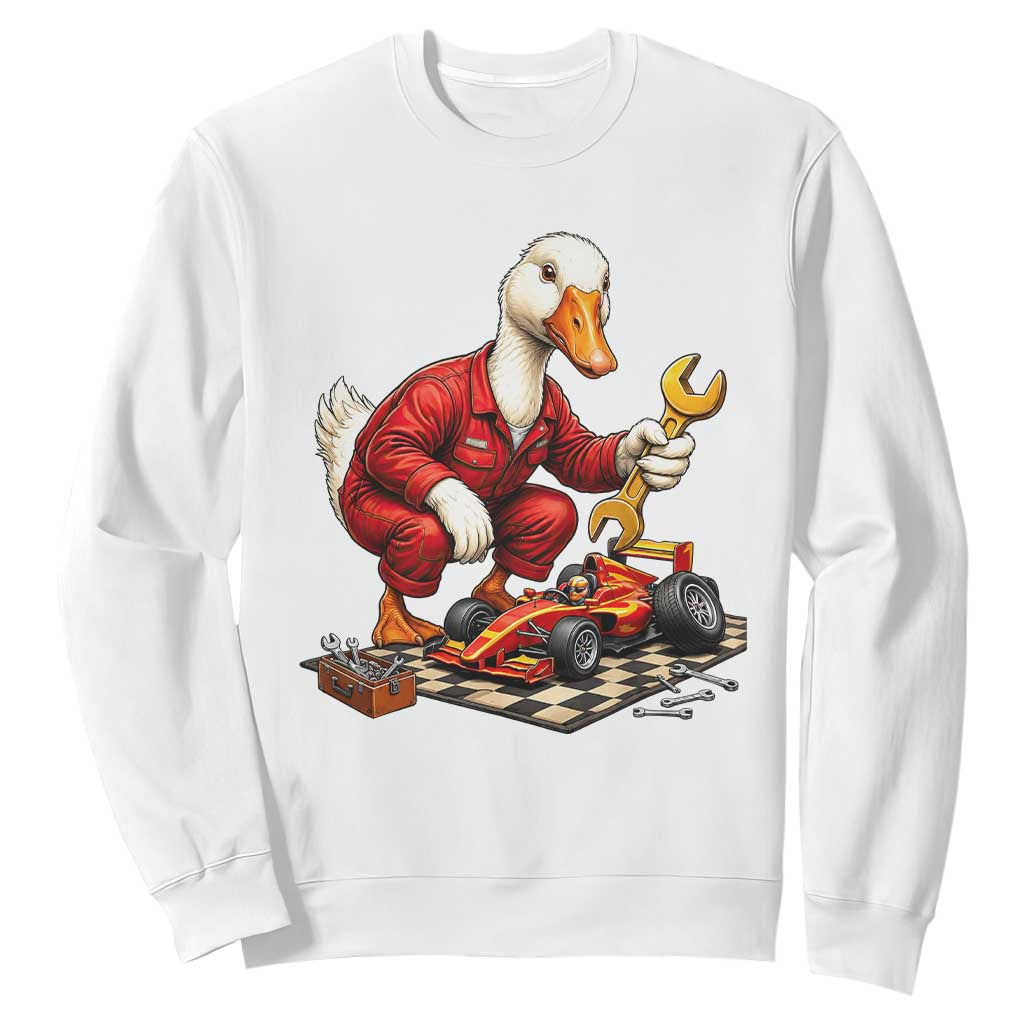 Funny Duck Mechanic Race Car Pit Crew Sweatshirt Motorsports Enthusiast Auto Repair TS02 White Print Your Wear