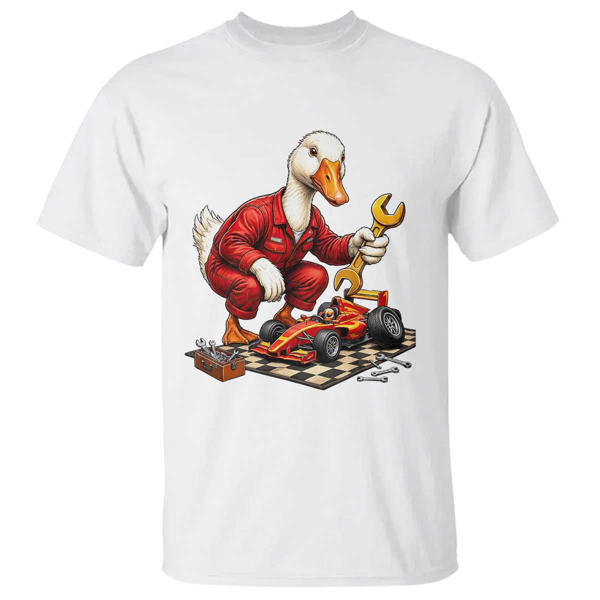 Funny Duck Mechanic Race Car Pit Crew T Shirt Motorsports Enthusiast Auto Repair TS02 White Print Your Wear
