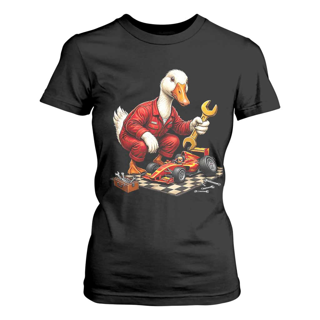 Funny Duck Mechanic Race Car Pit Crew T Shirt For Women Motorsports Enthusiast Auto Repair