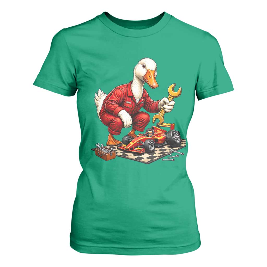 Funny Duck Mechanic Race Car Pit Crew T Shirt For Women Motorsports Enthusiast Auto Repair