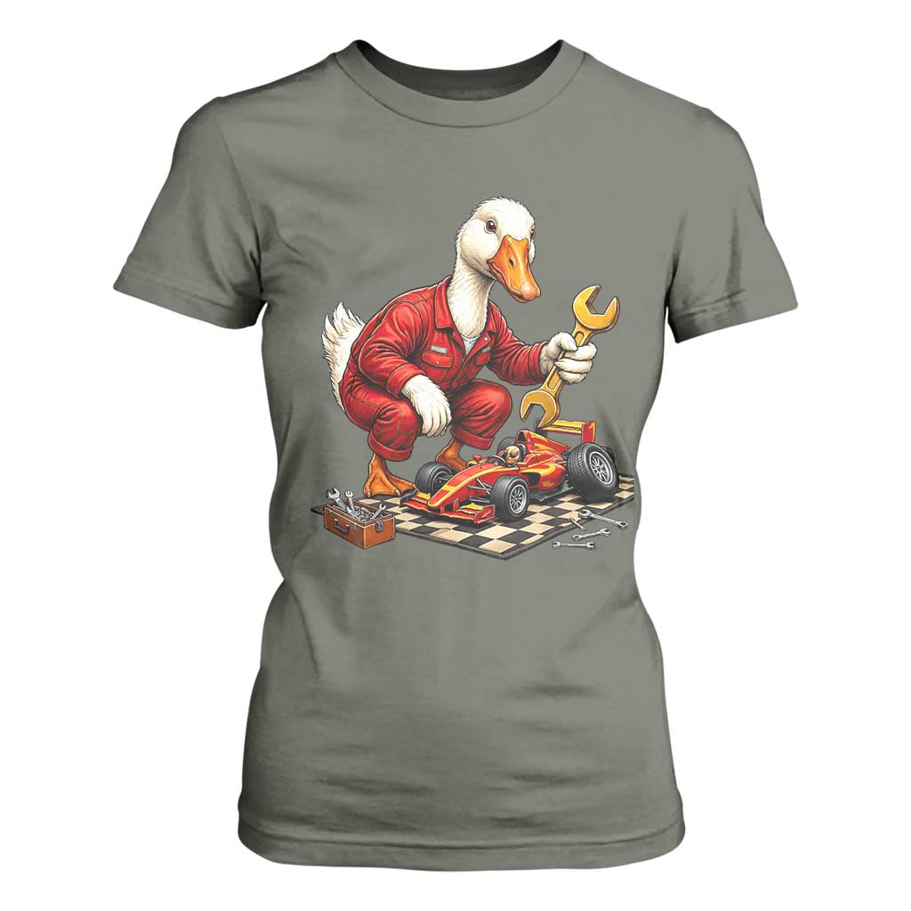 Funny Duck Mechanic Race Car Pit Crew T Shirt For Women Motorsports Enthusiast Auto Repair
