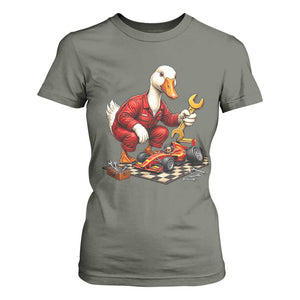 Funny Duck Mechanic Race Car Pit Crew T Shirt For Women Motorsports Enthusiast Auto Repair