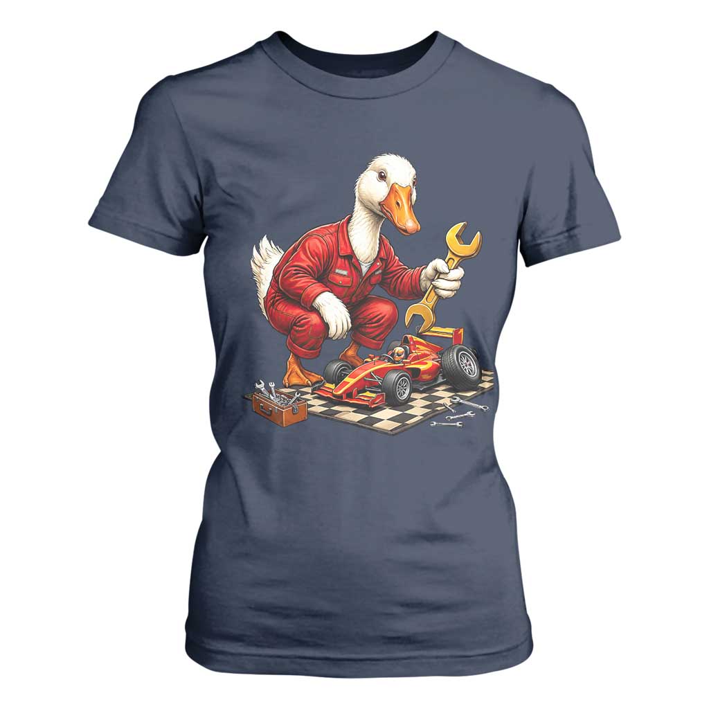 Funny Duck Mechanic Race Car Pit Crew T Shirt For Women Motorsports Enthusiast Auto Repair