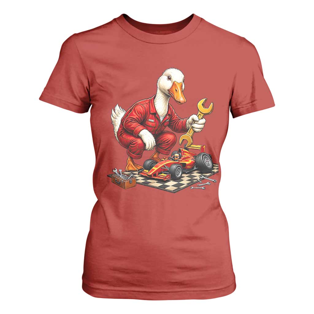 Funny Duck Mechanic Race Car Pit Crew T Shirt For Women Motorsports Enthusiast Auto Repair