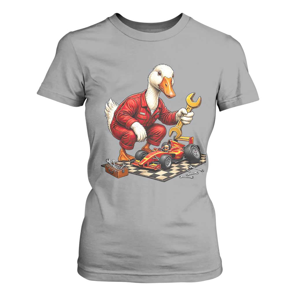 Funny Duck Mechanic Race Car Pit Crew T Shirt For Women Motorsports Enthusiast Auto Repair