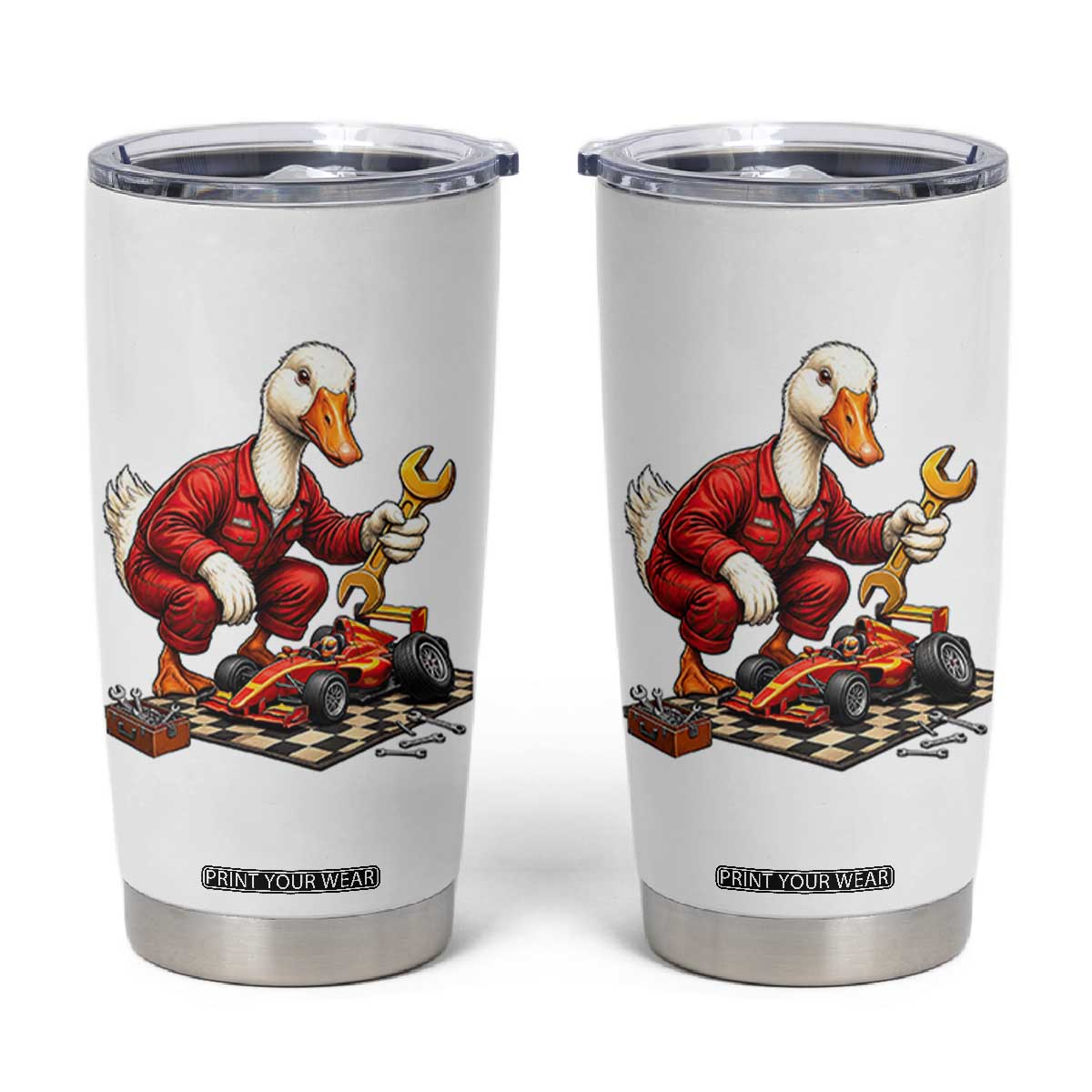 Funny Duck Mechanic Race Car Pit Crew Tumbler Cup Motorsports Enthusiast Auto Repair TS02 White Print Your Wear