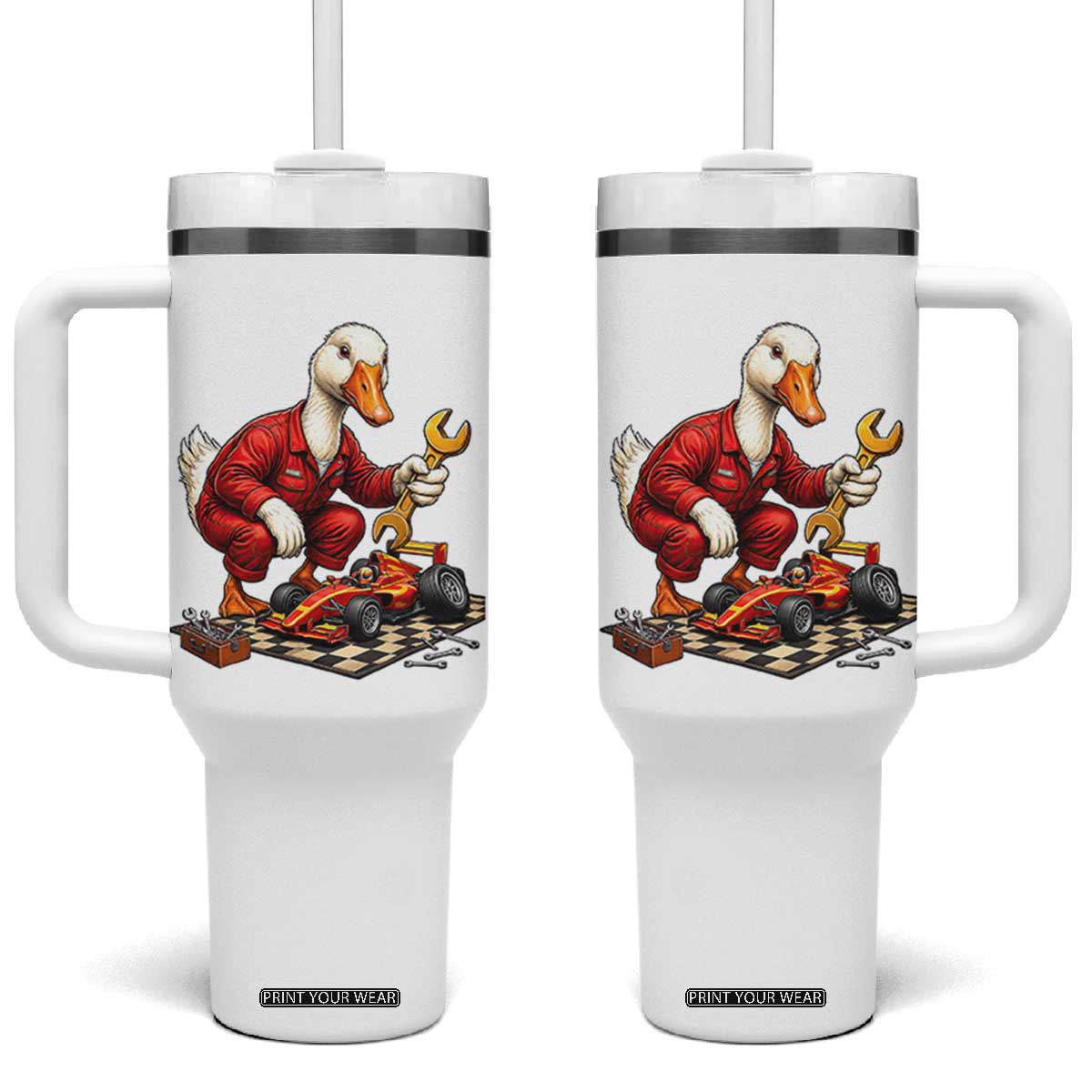 Funny Duck Mechanic Race Car Pit Crew Tumbler With Handle Motorsports Enthusiast Auto Repair TS02 One Size: 40 oz White Print Your Wear