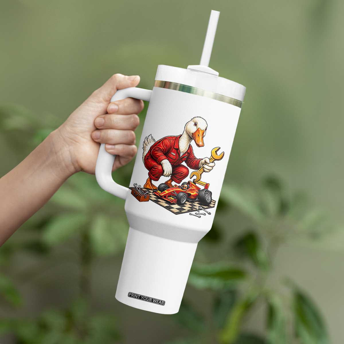 Funny Duck Mechanic Race Car Pit Crew Tumbler With Handle Motorsports Enthusiast Auto Repair