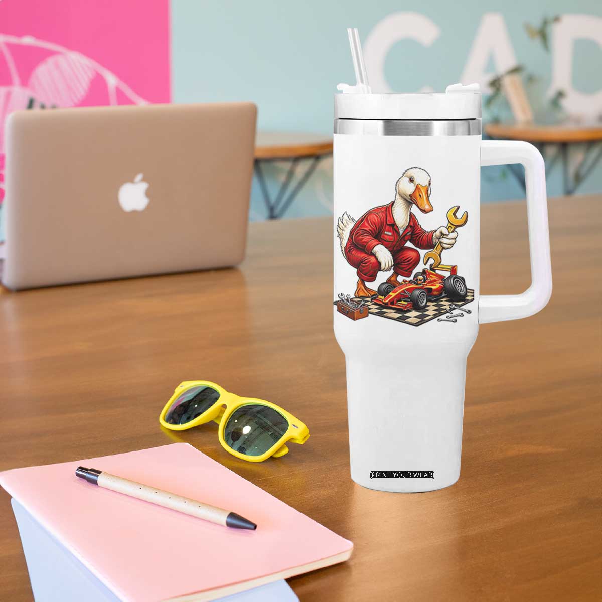 Funny Duck Mechanic Race Car Pit Crew Tumbler With Handle Motorsports Enthusiast Auto Repair