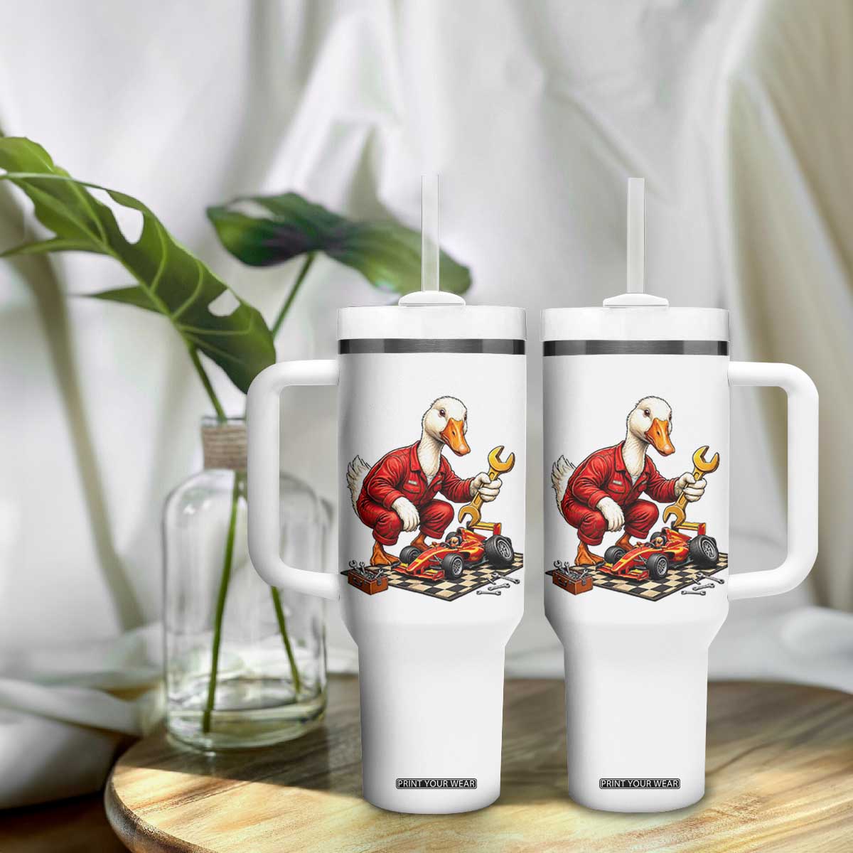 Funny Duck Mechanic Race Car Pit Crew Tumbler With Handle Motorsports Enthusiast Auto Repair