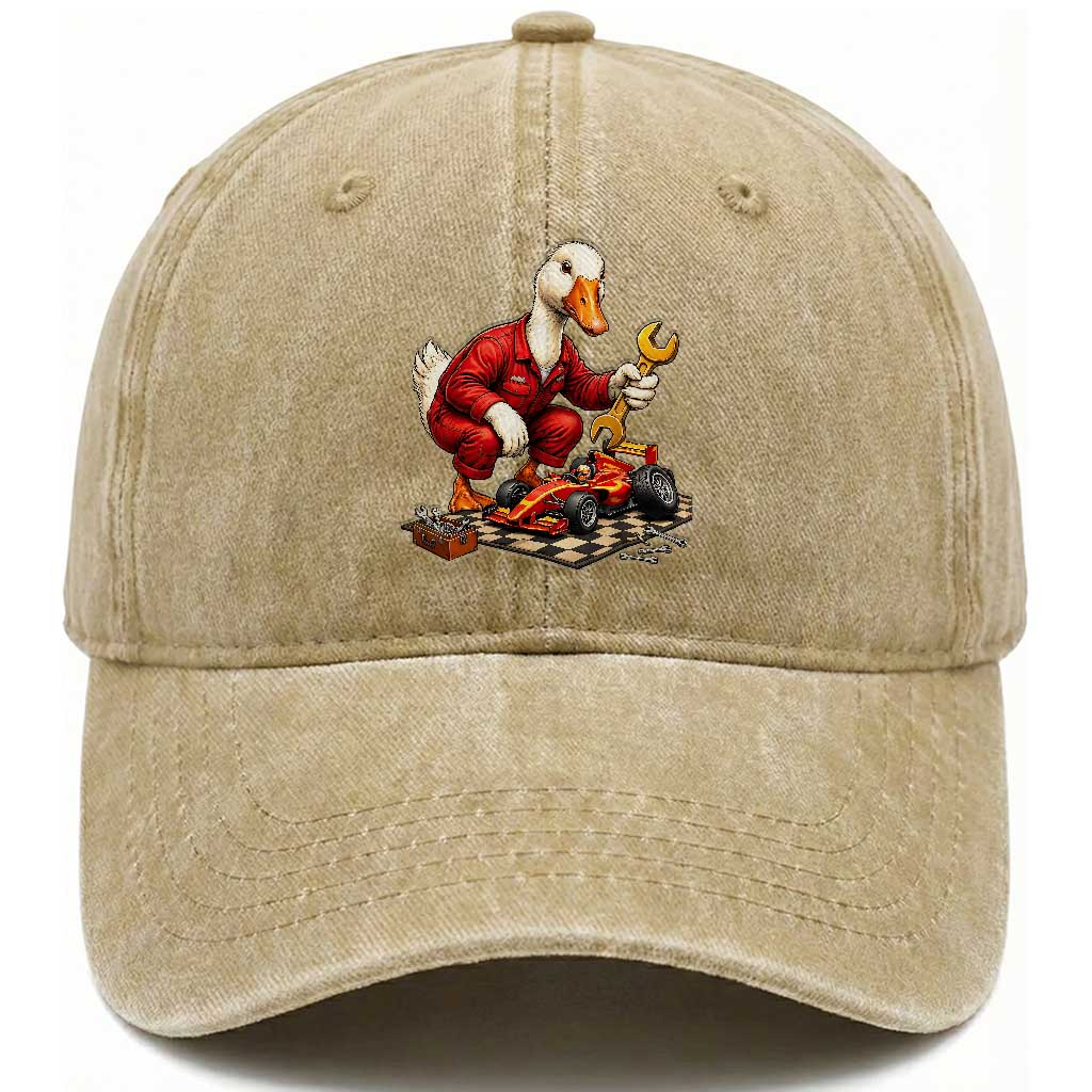 Funny Duck Mechanic Race Car Pit Crew Washed Cotton Baseball Cap Motorsports Enthusiast Auto Repair TS02 Print Your Wear