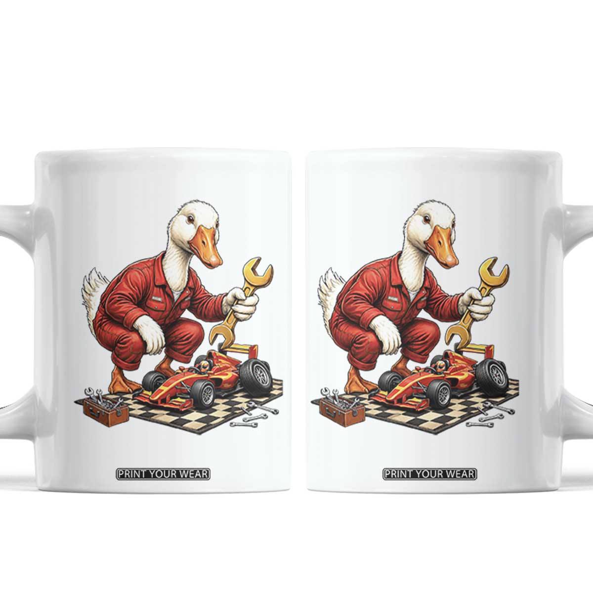 Funny Duck Mechanic Race Car Pit Crew Coffee Mug Motorsports Enthusiast Auto Repair TS02 White Print Your Wear