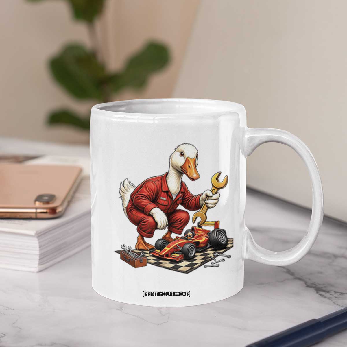 Funny Duck Mechanic Race Car Pit Crew Coffee Mug Motorsports Enthusiast Auto Repair