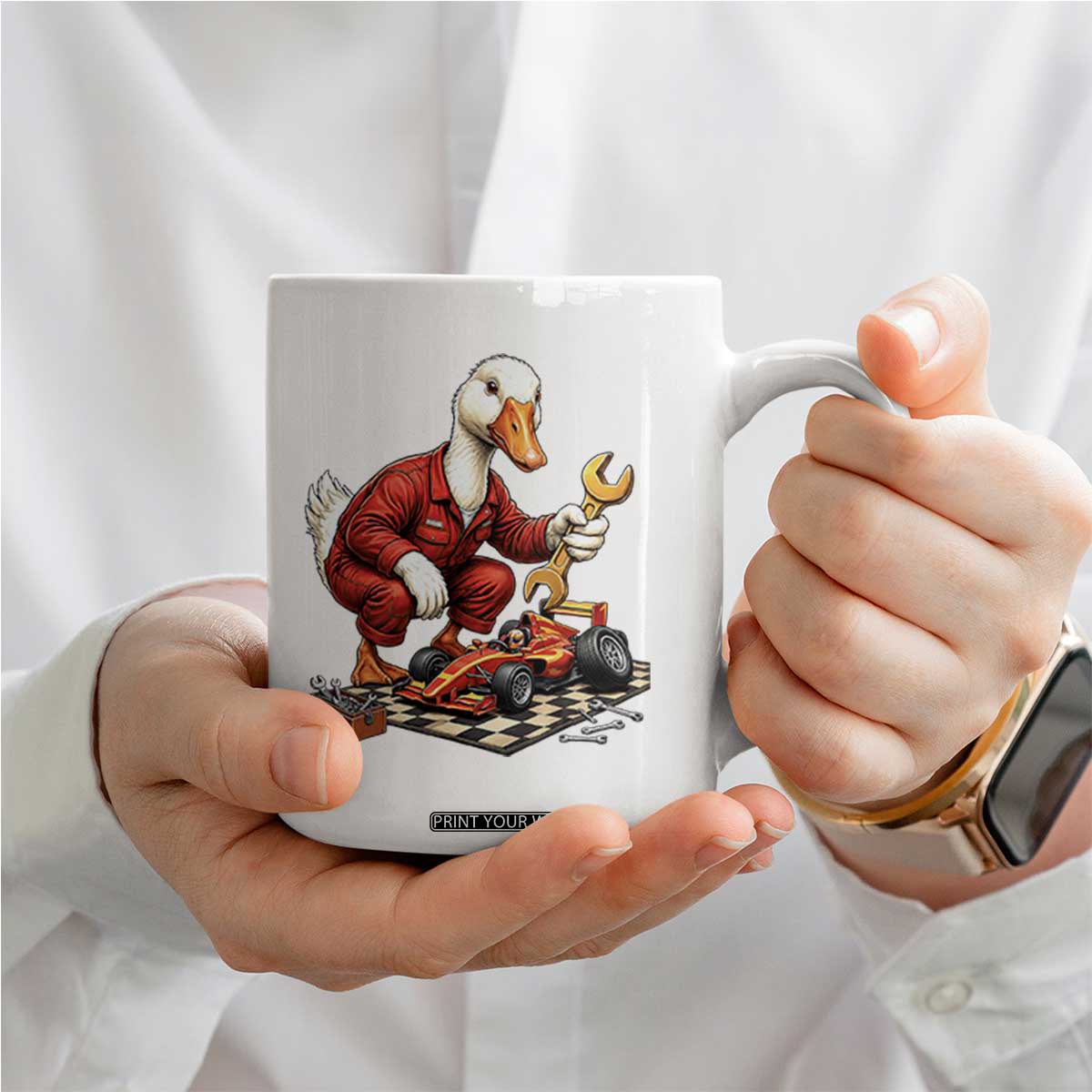 Funny Duck Mechanic Race Car Pit Crew Coffee Mug Motorsports Enthusiast Auto Repair