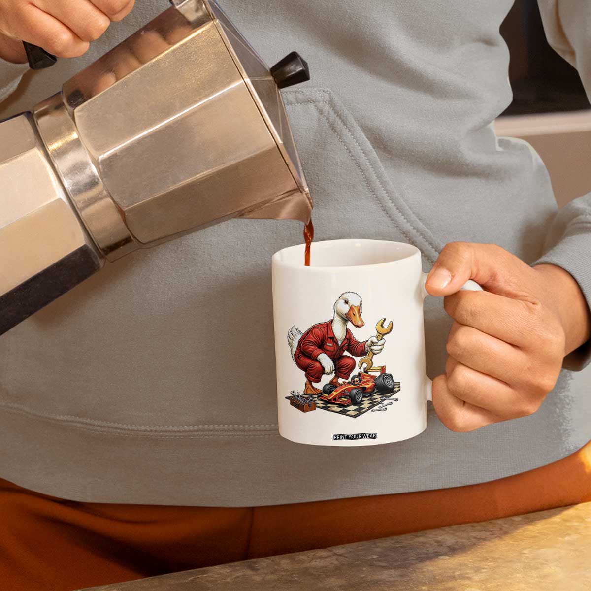 Funny Duck Mechanic Race Car Pit Crew Coffee Mug Motorsports Enthusiast Auto Repair