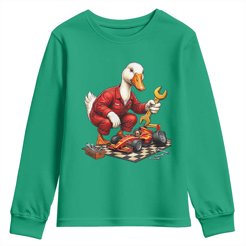 Funny Duck Mechanic Race Car Pit Crew Youth Sweatshirt Motorsports Enthusiast Auto Repair