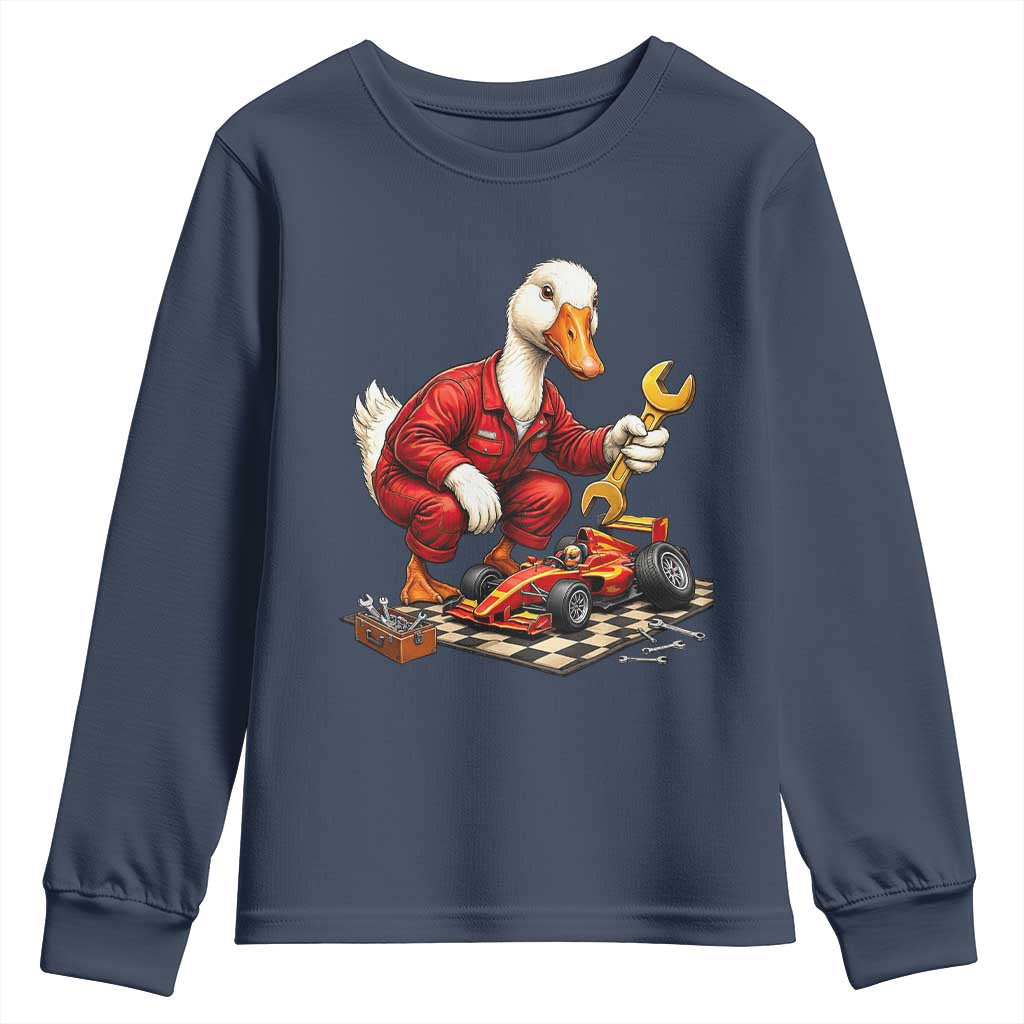 Funny Duck Mechanic Race Car Pit Crew Youth Sweatshirt Motorsports Enthusiast Auto Repair