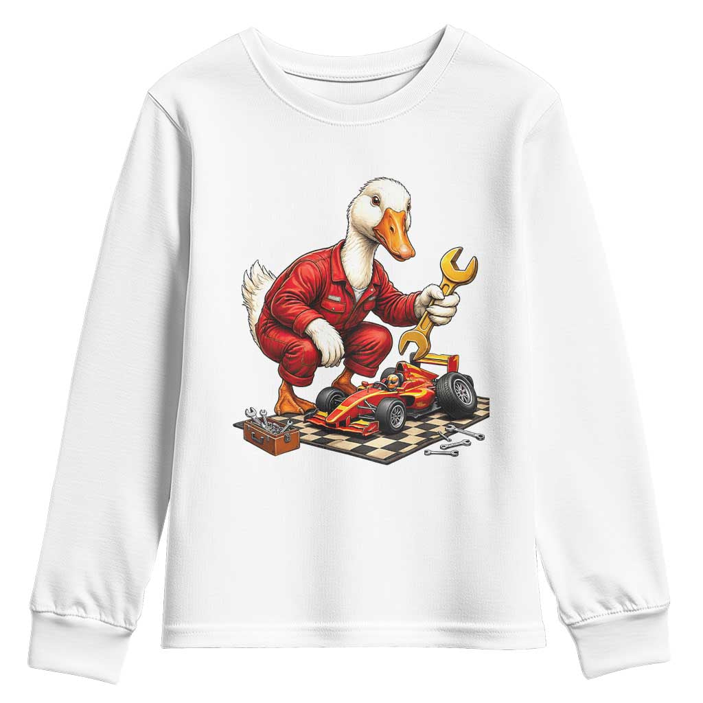 Funny Duck Mechanic Race Car Pit Crew Youth Sweatshirt Motorsports Enthusiast Auto Repair TS02 White Print Your Wear
