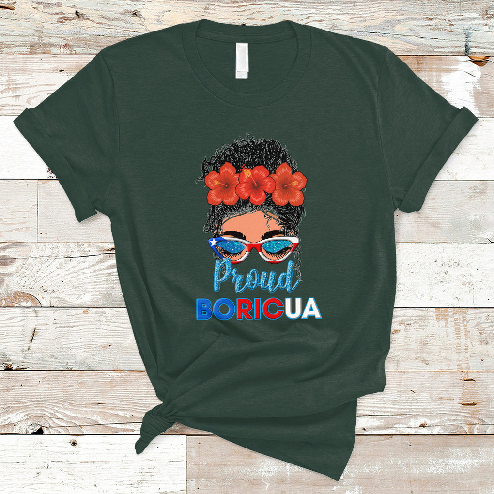 Proud Boricua Puerto Rico Flag Messy Bun Puerto Rican Women T Shirt TS02 Dark Forest Green Printyourwear