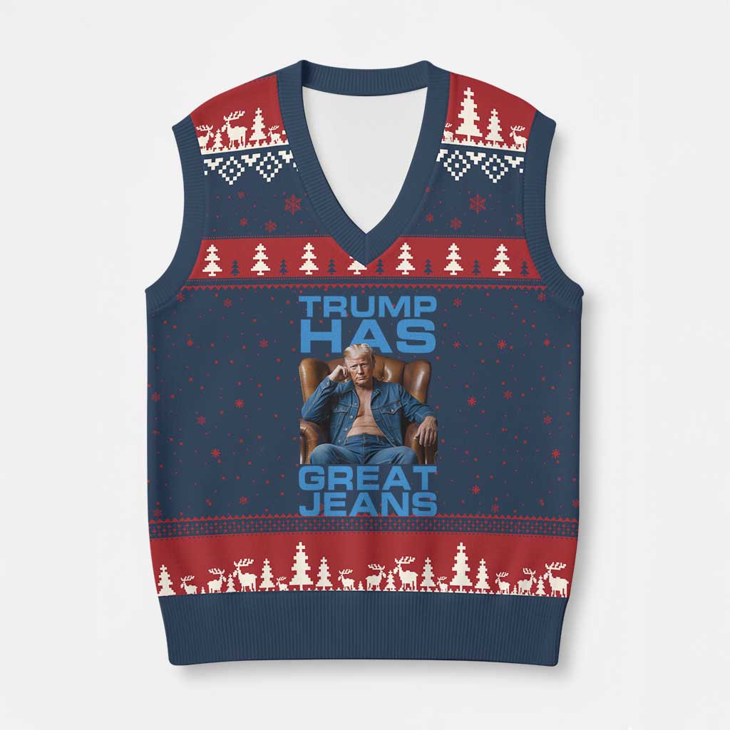 Funny Trump Has Great Jeans V-Neck Knit Sweater Vest Parody Denim Outfit Graphic TS02 Navy Red Print Your Wear